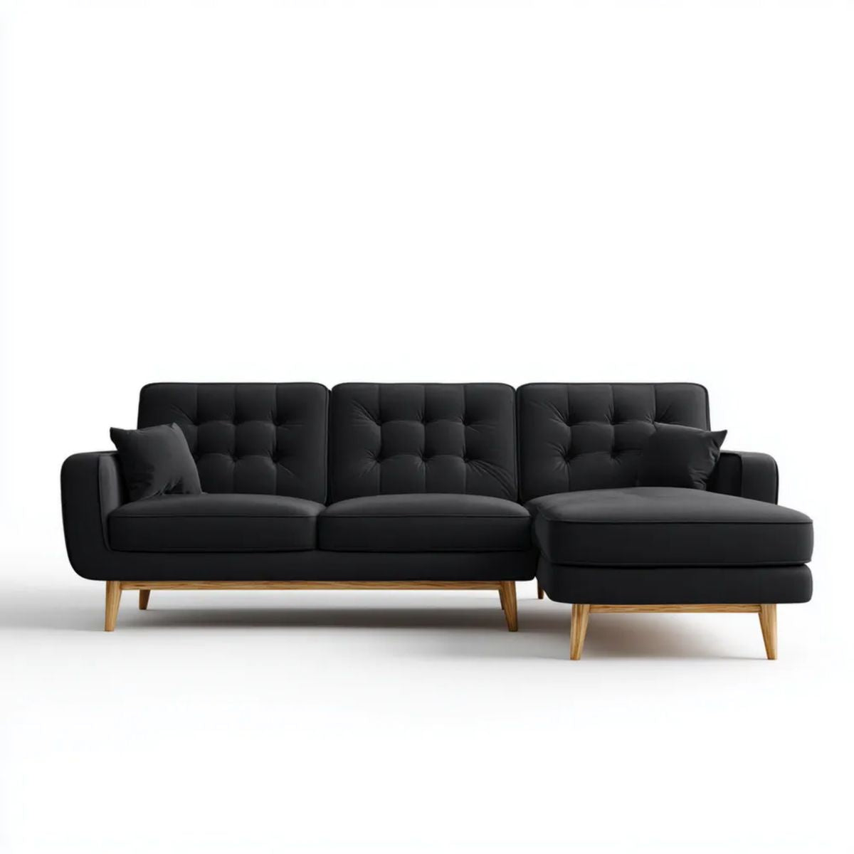 Czarna sofa narożna z prawostronnym szezlongiem, tapicerka z poliestru, 280 × 160 × 85 cm