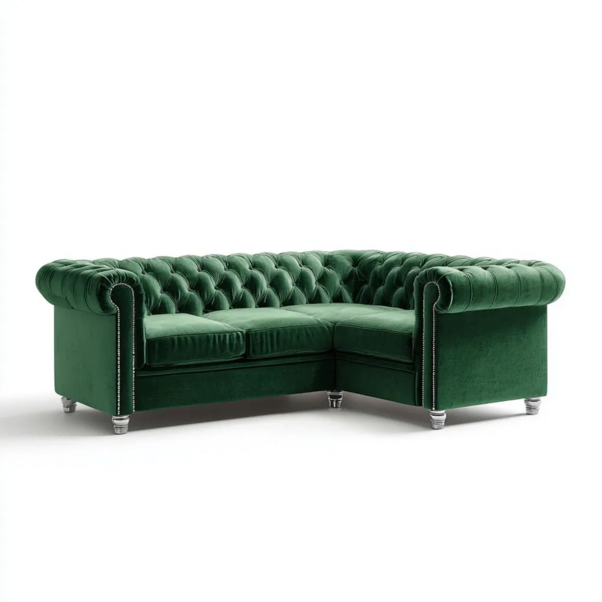 Zielona sofa narożna Chesterfield z aksamitu w kształcie L, 250 × 180 × 75 cm