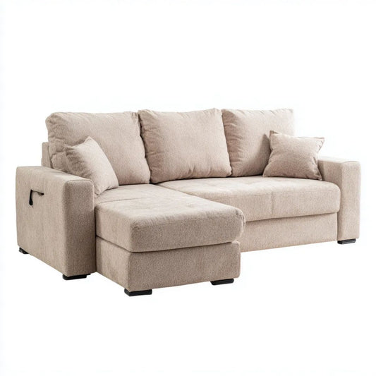 Beżowa sofa narożna w kształcie L z lewostronnym szezlongiem, tapicerowana tkaniną poliestrową, 270 x 160 x 88 cm
