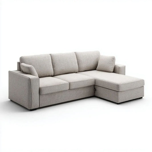 Jasnoszara sofa narożna z prawym szezlongiem, tapicerowana tkaniną, 250 x 160 x 85 cm