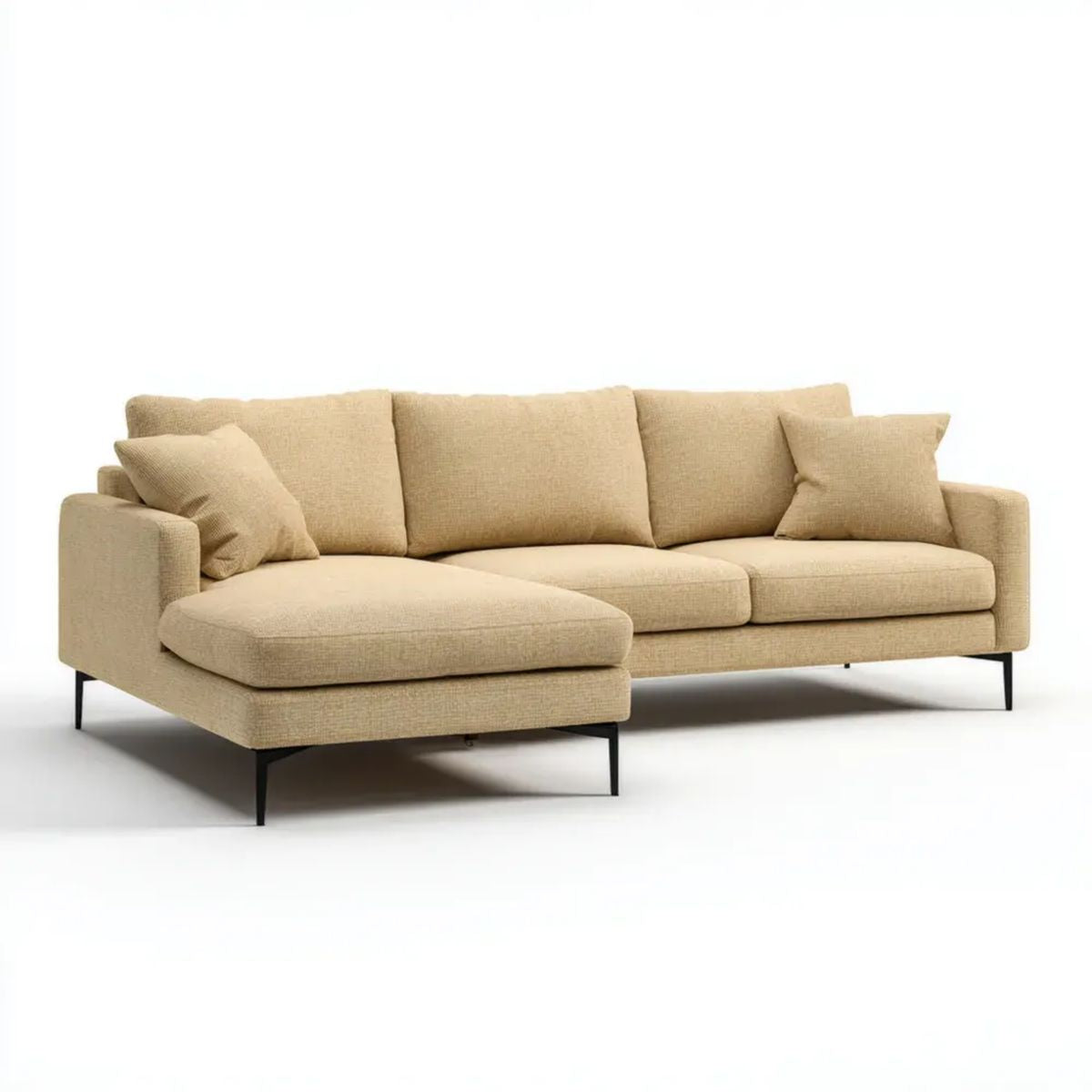 Beżowa sofa narożna z lewostronnym szezlongiem, tapicerowana tkaniną, 270 × 160 × 85 cm
