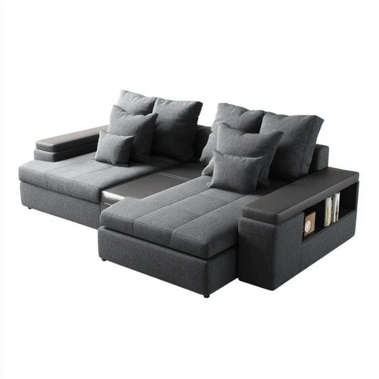 Modułowa sofa w kształcie U z poliestru i skóry PU, grafitowo-czarna, 310 x 200 x 90 cm