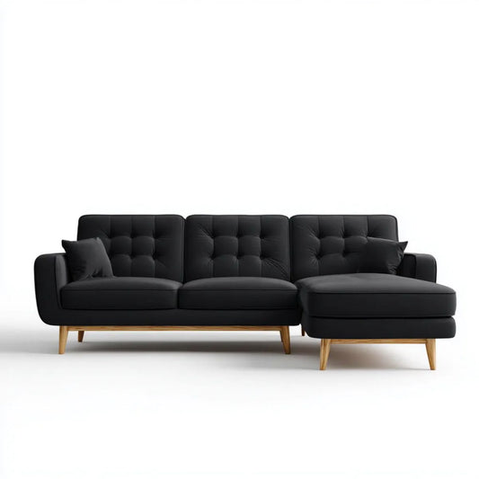 Czarna sofa narożna z prawostronnym szezlongiem, tapicerka z poliestru, 280 × 160 × 85 cm