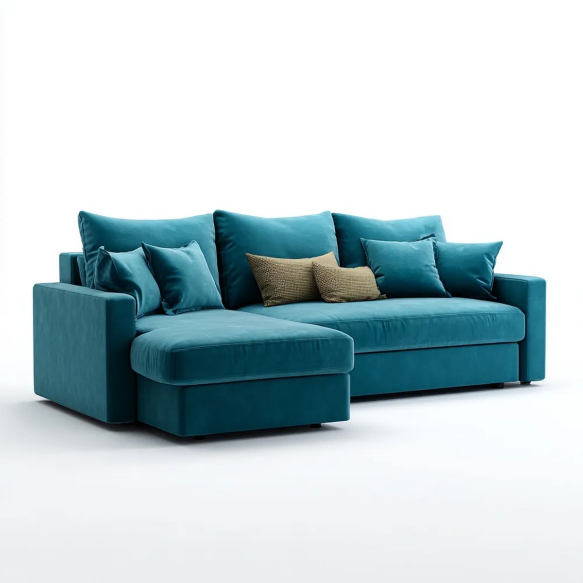 Turkusowa sofa narożna z lewostronnym szezlongiem z weluru, 270 x 165 x 86 cm, kształt L