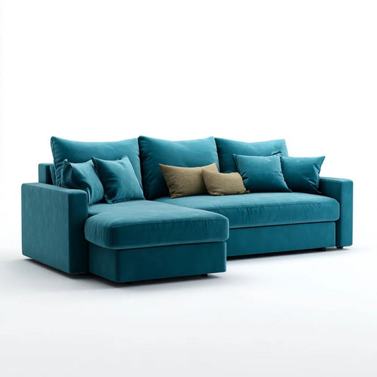Turkusowa sofa narożna z lewostronnym szezlongiem z weluru, 270 x 165 x 86 cm, kształt L