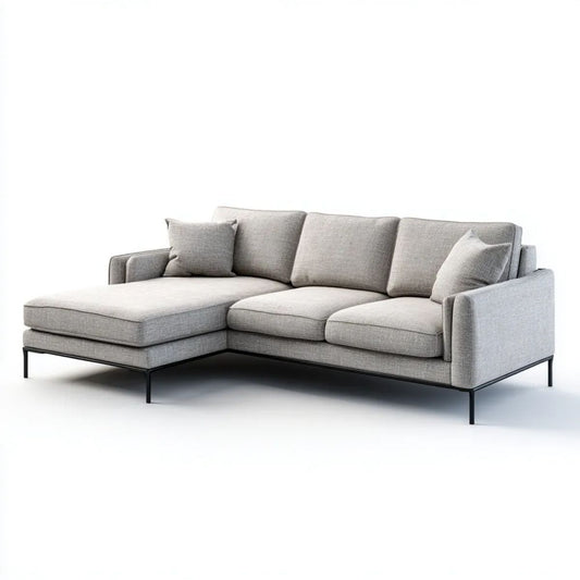 Jasnoszara sofa narożna z lewostronnym szezlongiem z poliestru 270 × 170 × 85 cm, kształt L