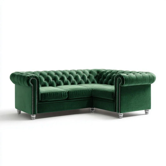Zielona sofa narożna Chesterfield z aksamitu w kształcie L, 250 × 180 × 75 cm