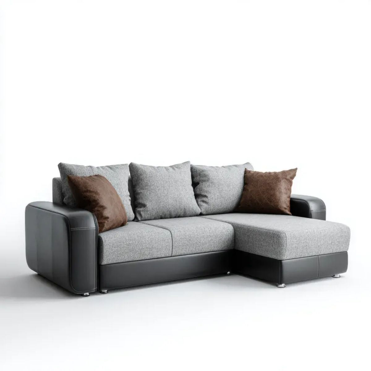 Sofa narożna w kształcie L z prawym szezlongiem, szaro-czarna, tapicerowana tkaniną i skórą PU, 240 × 160 × 88 cm