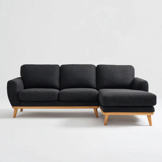 Grafitowa sofa narożna prawostronna w kształcie L z tkaniną i drewnianymi nogami, 230 × 150 × 84 cm