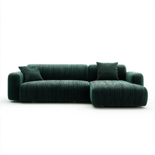 Ciemnozielona sofa narożna z prawostronnym szezlongiem z prążkowanej tkaniny, 260 × 160 × 78 cm