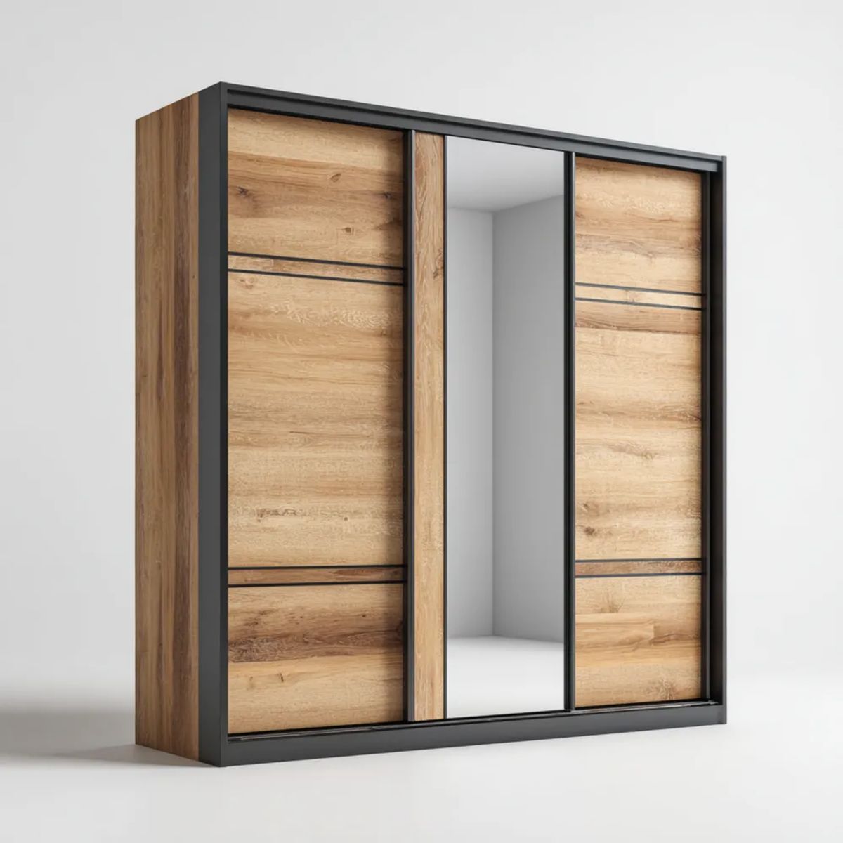 Szafa przesuwna z płyty laminowanej dąb naturalny/czarny z lustrem 180 x 60 x 220 cm