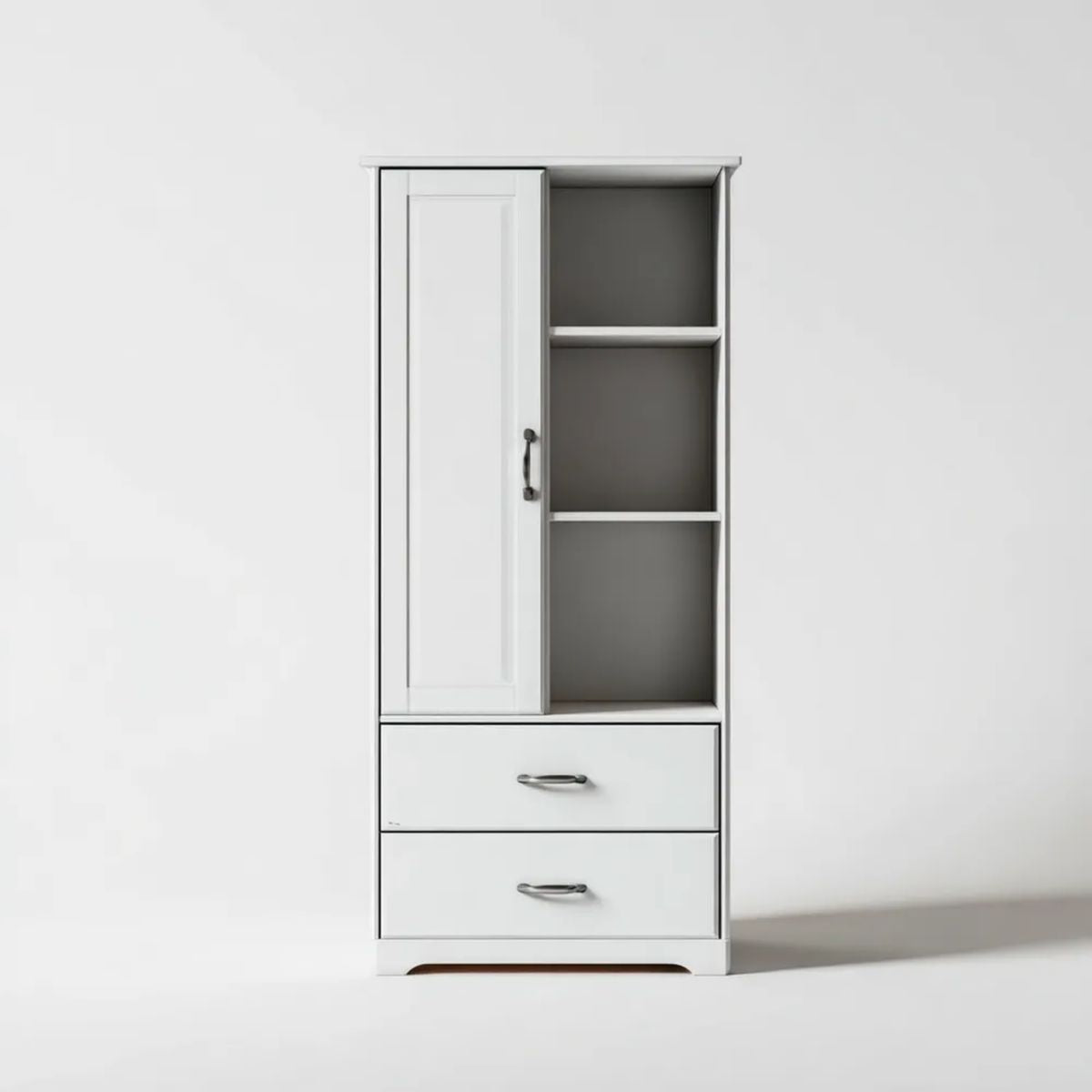 Biała szafa jednodrzwiowa z płyty wiórowej laminowanej 60 × 40 × 180 cm z 2 szufladami i otwartymi półkami