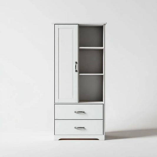 Biała szafa jednodrzwiowa z płyty wiórowej laminowanej 60 × 40 × 180 cm z 2 szufladami i otwartymi półkami