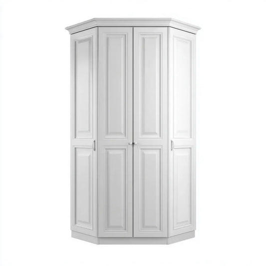 Biała narożna szafa czterodrzwiowa z płyty MDF 120 × 120 × 220 cm