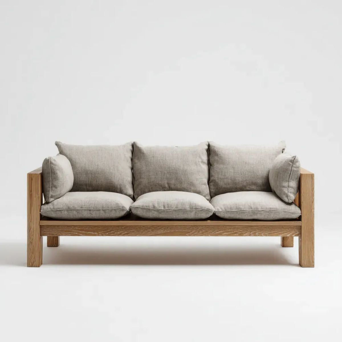Trzyosobowa sofa beżowa z litego dębu i poliestru, 220 × 90 × 82 cm