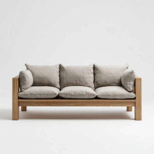 Trzyosobowa sofa beżowa z litego dębu i poliestru, 220 × 90 × 82 cm