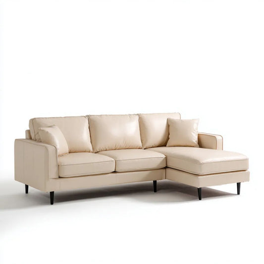 Beżowa sofa narożna z szezlongiem, tapicerka z ekoskóry PU, prawostronna, 250 x 160 x 85 cm