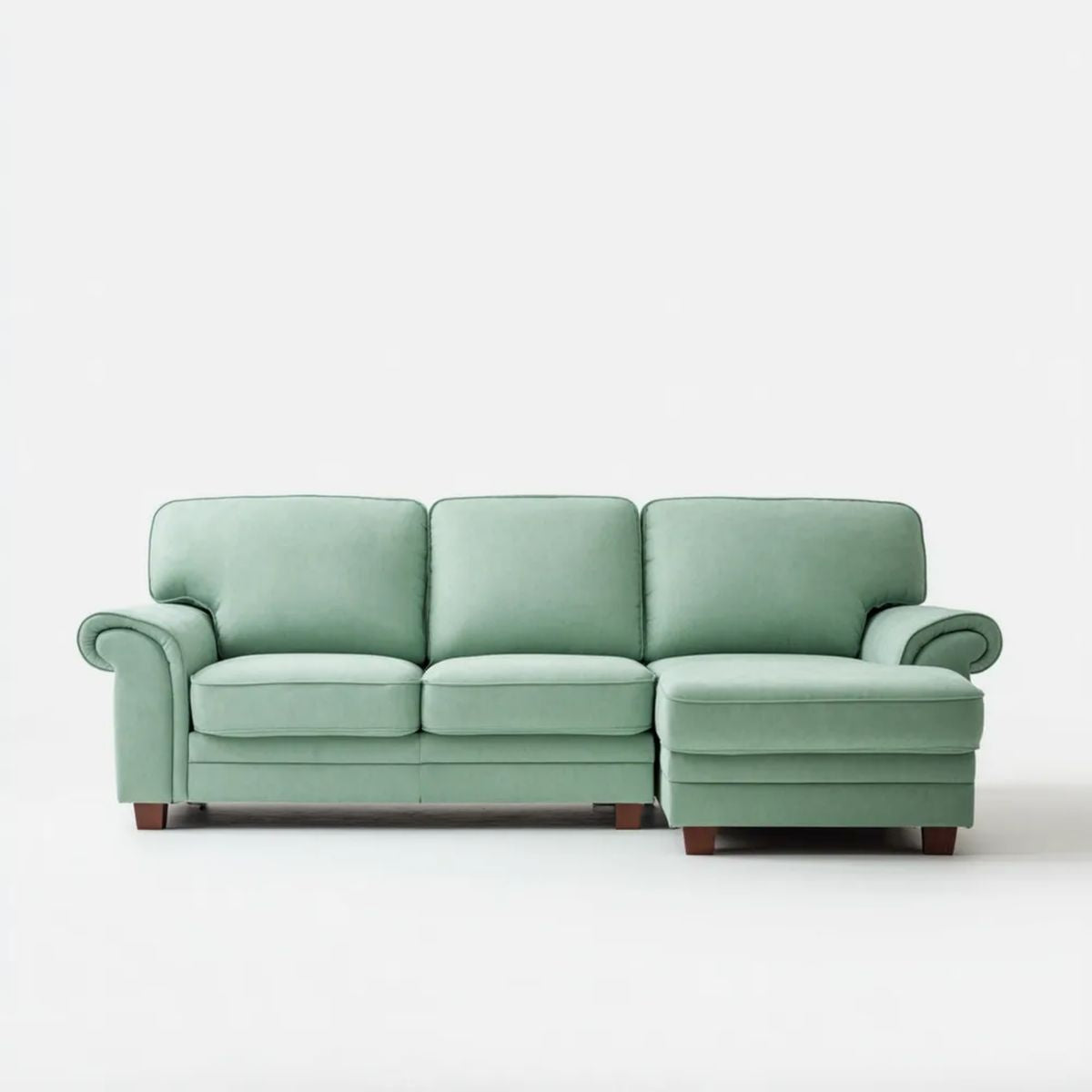 Aksamitna sofa narożna 3-osobowa z prawostronnym szezlongiem, miętowa, 230 × 150 × 90 cm