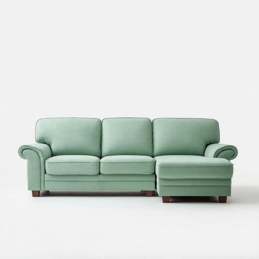 Aksamitna sofa narożna 3-osobowa z prawostronnym szezlongiem, miętowa, 230 × 150 × 90 cm