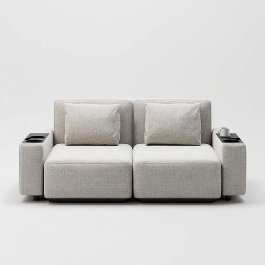 Beżowa modułowa sofa dwuosobowa z tapicerką poliestrową i uchwytami na napoje, 180 x 90 x 85 cm