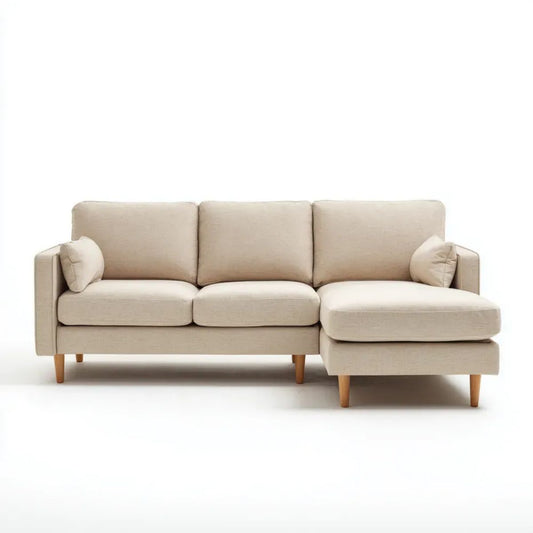 Beżowa sofa narożna z prawostronnym szezlongiem, tapicerką poliestrową, 230 × 150 × 85 cm