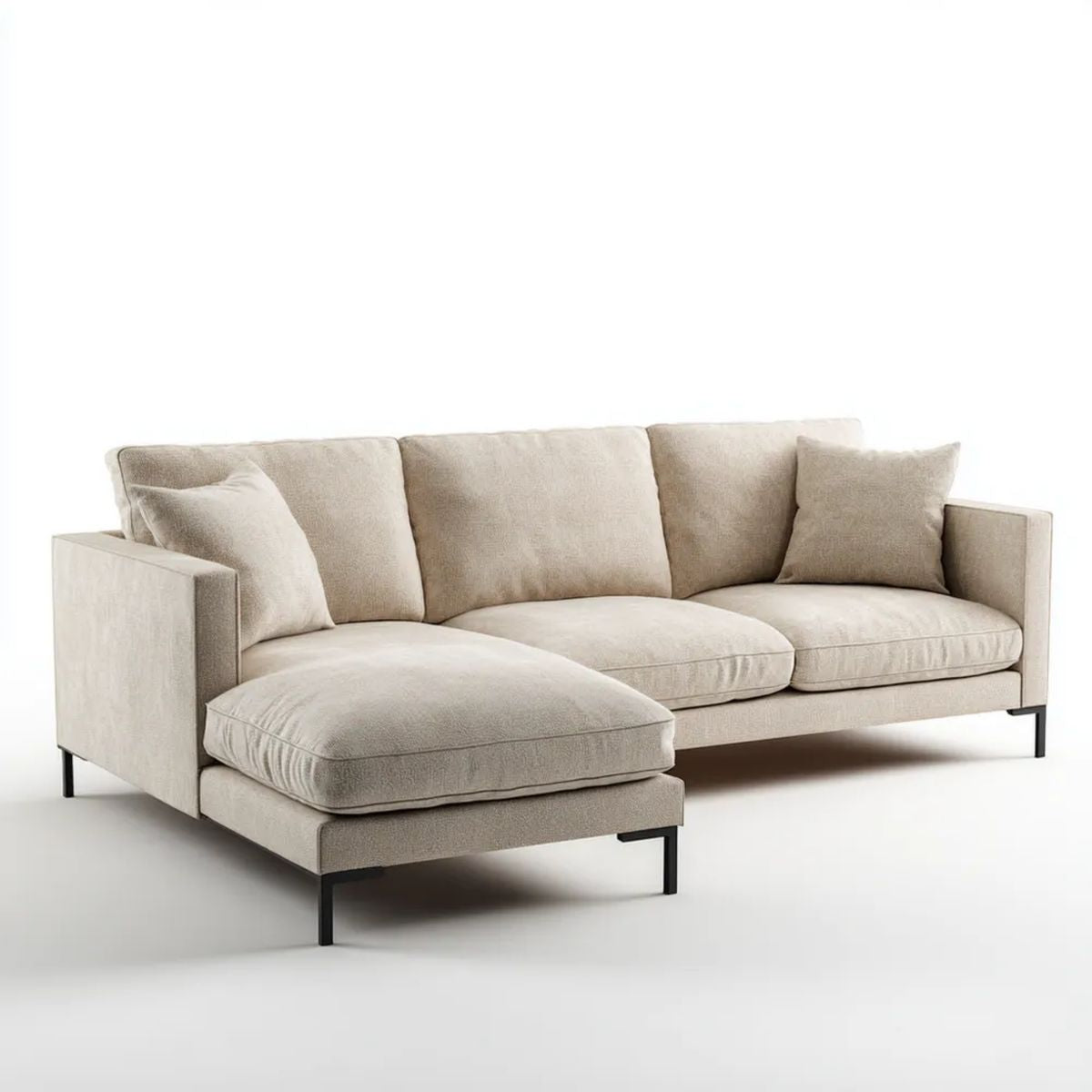 Beżowa sofa narożna z lewostronnym szezlongiem, tapicerka poliestrowa, 270 x 160 x 85 cm