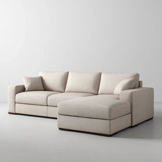 Beżowa sofa narożna z szezlongiem po lewej stronie, tkanina poliestrowa, 280 x 170 x 85 cm