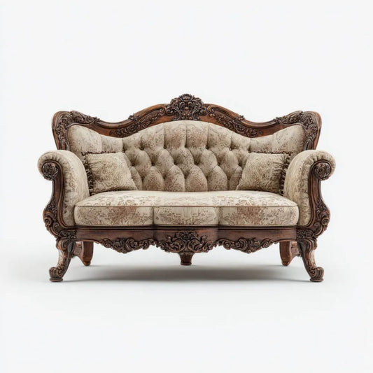 Dwuosobowa sofa barokowa drewniana beżowo-brązowa z tapicerką żakardową, 180 × 85 × 112 cm