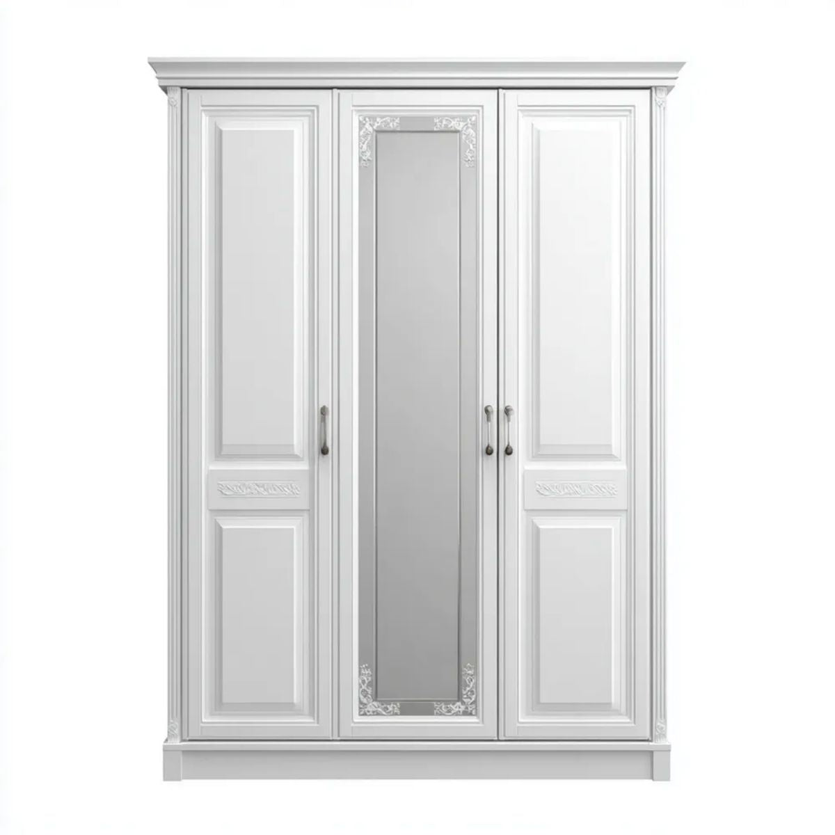 Biała szafa trzydrzwiowa z lustrem, MDF i płyta laminowana, 150 x 60 x 220 cm