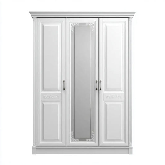 Biała szafa trzydrzwiowa z lustrem, MDF i płyta laminowana, 150 x 60 x 220 cm
