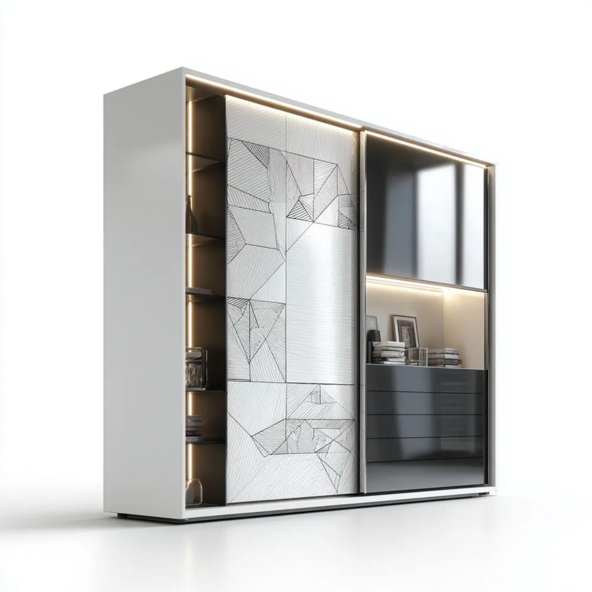 Biała szafa przesuwna z płyty MDF, lustrem i oświetleniem LED 200 x 60 x 220 cm