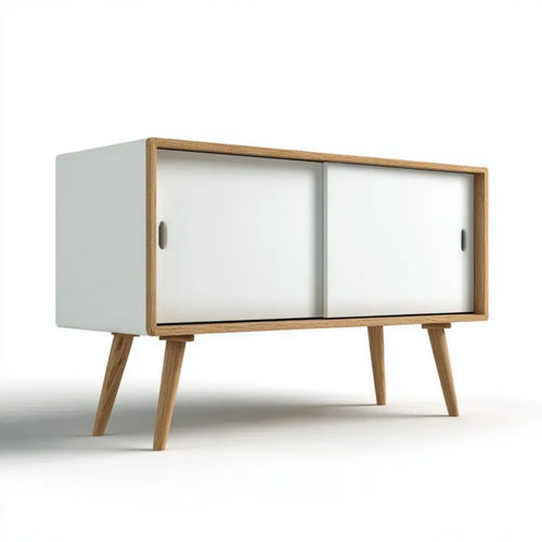 Biała szafka RTV z płyty MDF i drewna dębowego, 120 x 80 x 40 cm