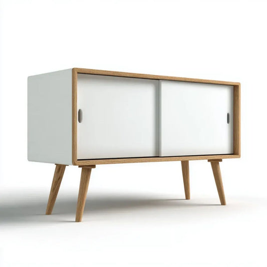 Biała szafka RTV z płyty MDF i drewna dębowego, 120 x 80 x 40 cm